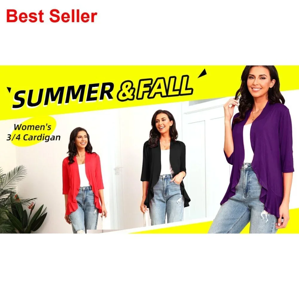 Women's 3/4 Sleeve Cardigan, Open Front, Shawl Collar, S-3XL